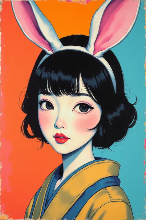 japanese woman, bunny ears, portrait , (Andy Warhol)