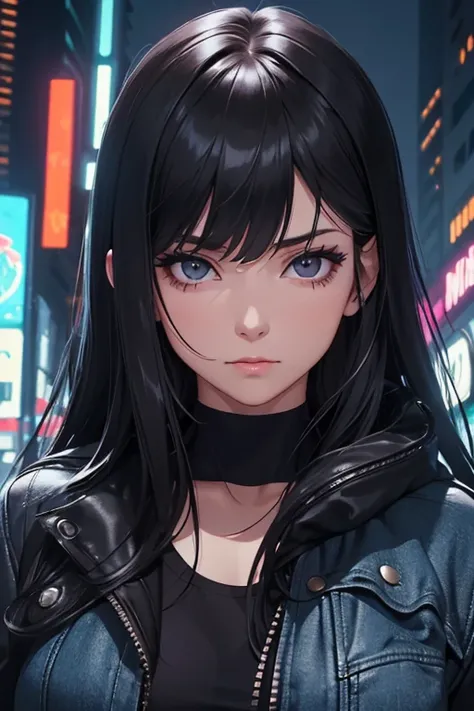 a beautiful adult woman, age group 30 years ,           black eyes with long hair and bangs,        open in front       ,  black eyes matching black open denim jacket, white tank top underneath ,  ,    in a nighttime setting      , with neon Cyberpunk glov...