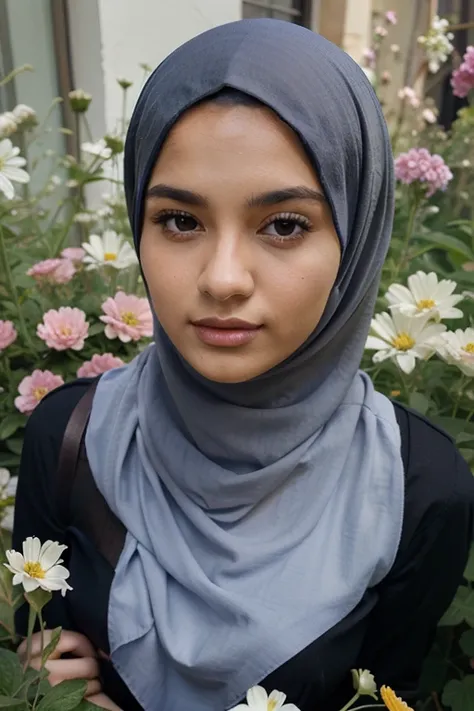 Beautiful woman in hijab in the middle of flowers