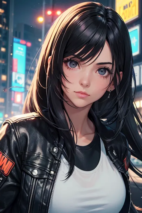 a beautiful adult woman, age group 30 years ,           black eyes with long hair and bangs,        open in front       ,  black eyes matching black open denim jacket, white tank top underneath ,  ,    in a nighttime setting      , with neon Cyberpunk glov...