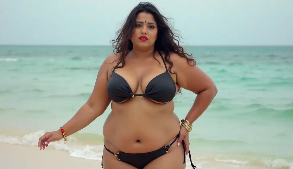 Indian plus size sexy woman doing dance in black bikini on the beach, red lipstic, best quality, Indian chubby stepmom, hot stepmom, hot figure, bikini, plus size boobs, cleavage, detailed, physical render, sexy figure, hot figure, plus size indian woman