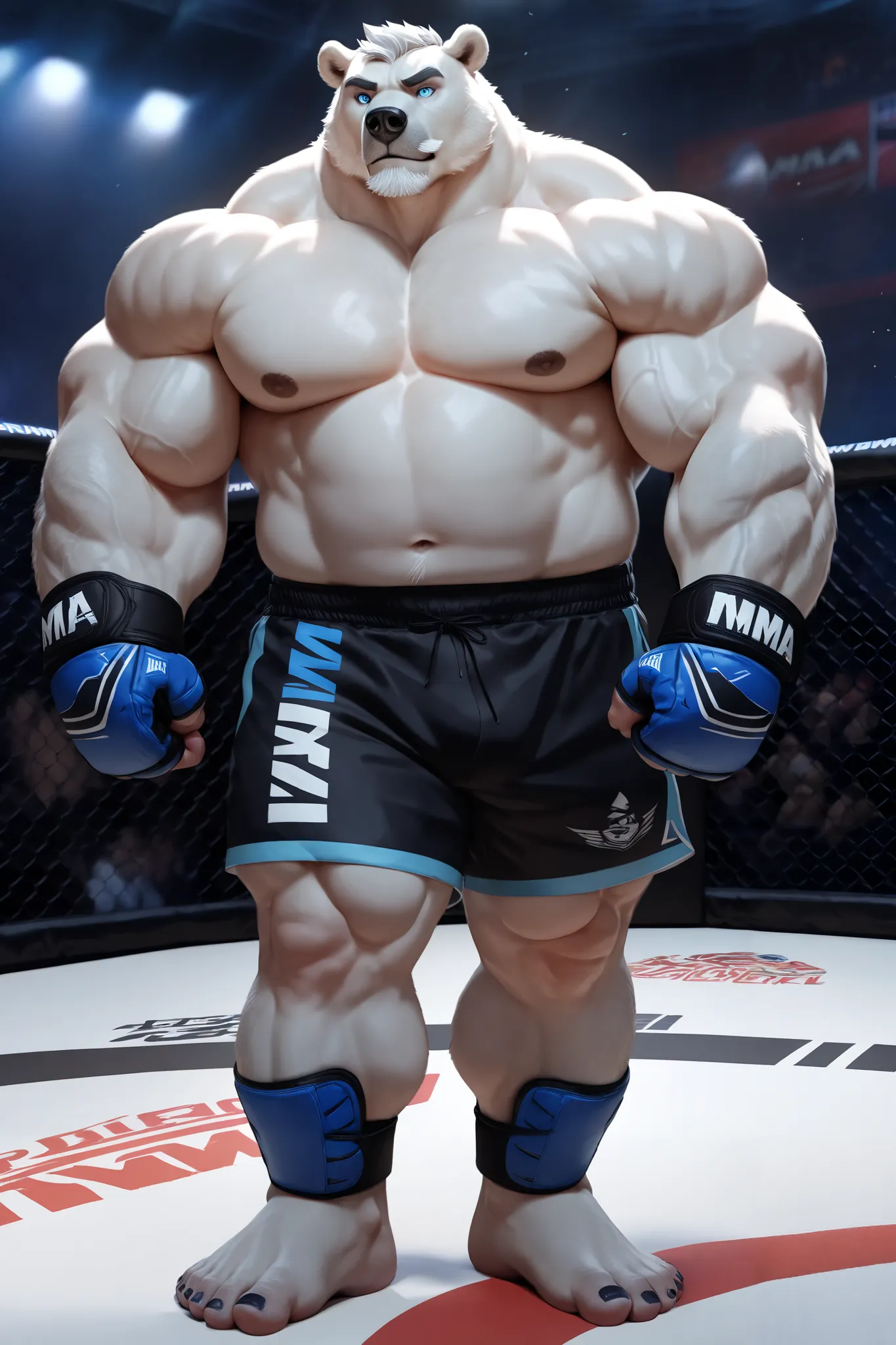 huge bulked up muscular polar bear in MMA fighting tournament arena, prideful victory, big bulked up body, polar bear, huge white fur, thick arm, huge arm, added gray mustache, added gray beard, short white hair, weight: 310lbs, (veiny bulked up muscular, ...