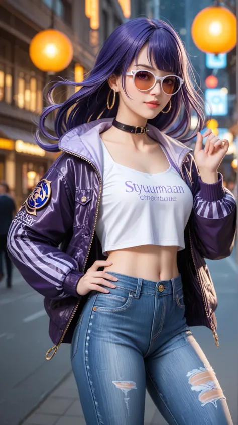 Raiden Shogun from Genshin Impact, reimagined in a modern urban setting, wearing a stylish denim-on-denim outfit. She sports a fitted denim jacket with structured shoulders, slightly lifted to reveal a hint of confidence, paired with form-fitting high-wais...