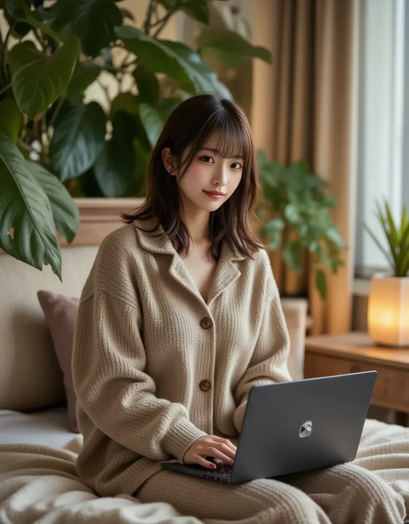 Woman working in a luxurious apartment. She is wearing a cute loungewear. She is working professionally on her laptop while lying on her bed. The room is filled with greenery, lighting, stylish furniture and a warm atmosphere.