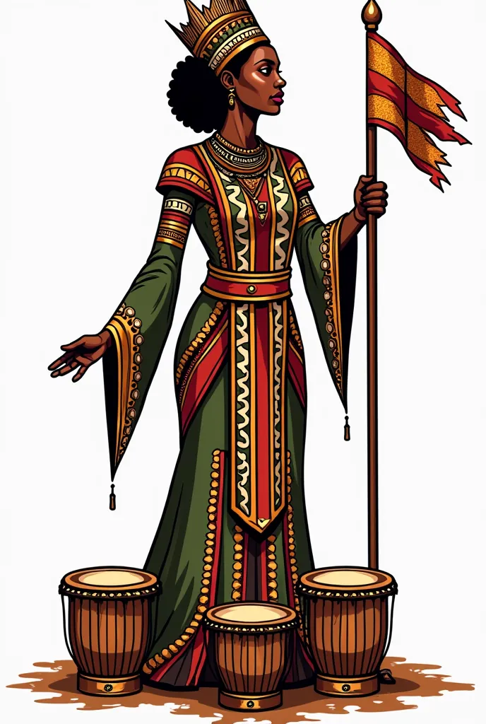 African queen with a flag at her side and three drums at her feet in the form of a logo for a sweater 