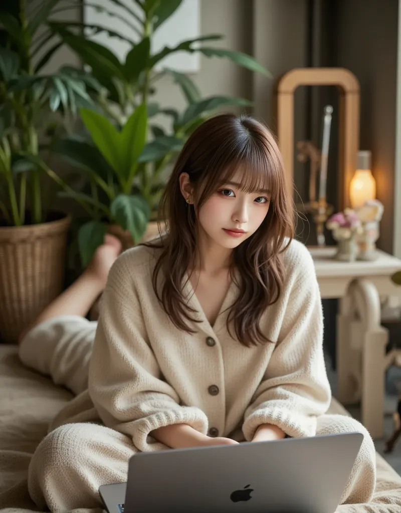 Woman working in a luxurious apartment. She is wearing a cute loungewear. She is working professionally on her laptop while lying on her bed. The room is filled with greenery, lighting, stylish furniture and a warm atmosphere.