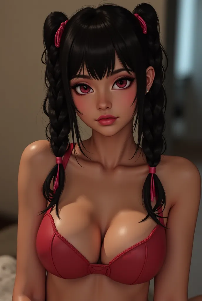 half　Raven-eyed 。she has black hair。 sideways。  pink locks in her hair 。The hairstyle is Ponytails  。  curly bunches  。 pink eyes。  。Grab it in the ass。 pretty blushing 。 I am in trouble。 is breathing out a warm sigh。 The place has luxurious rooms and inte...