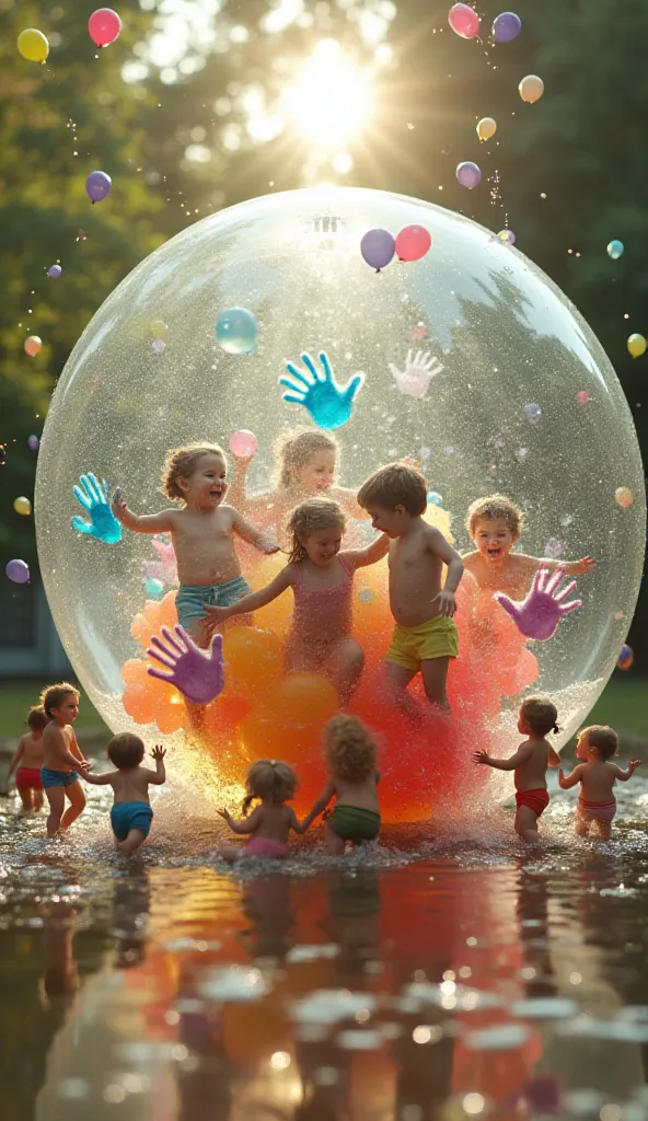 A group of tiny people is playfully stuck inside a huge, transparent water balloon filled with colorful water. Some are floating inside, laughing, while others are trying to push their way out, leaving cute handprints on the balloon's surface. Outside, the...