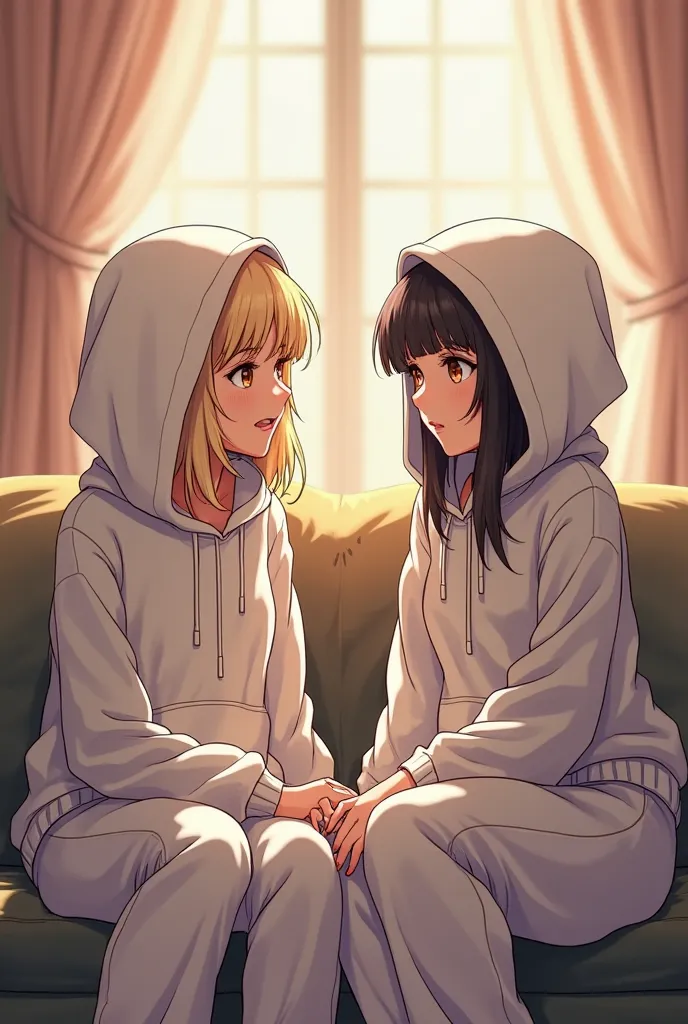 Adult sisters　blonde beauty and black hair ,Western Brown Eyes　The hood covers the head and face、 white hoodie　 White sweatpants 　 bright room 　sitting on the couch　looking at each other　anime style、masterpiece、high resolution,  beautiful skin 　Cowboy Shoo...