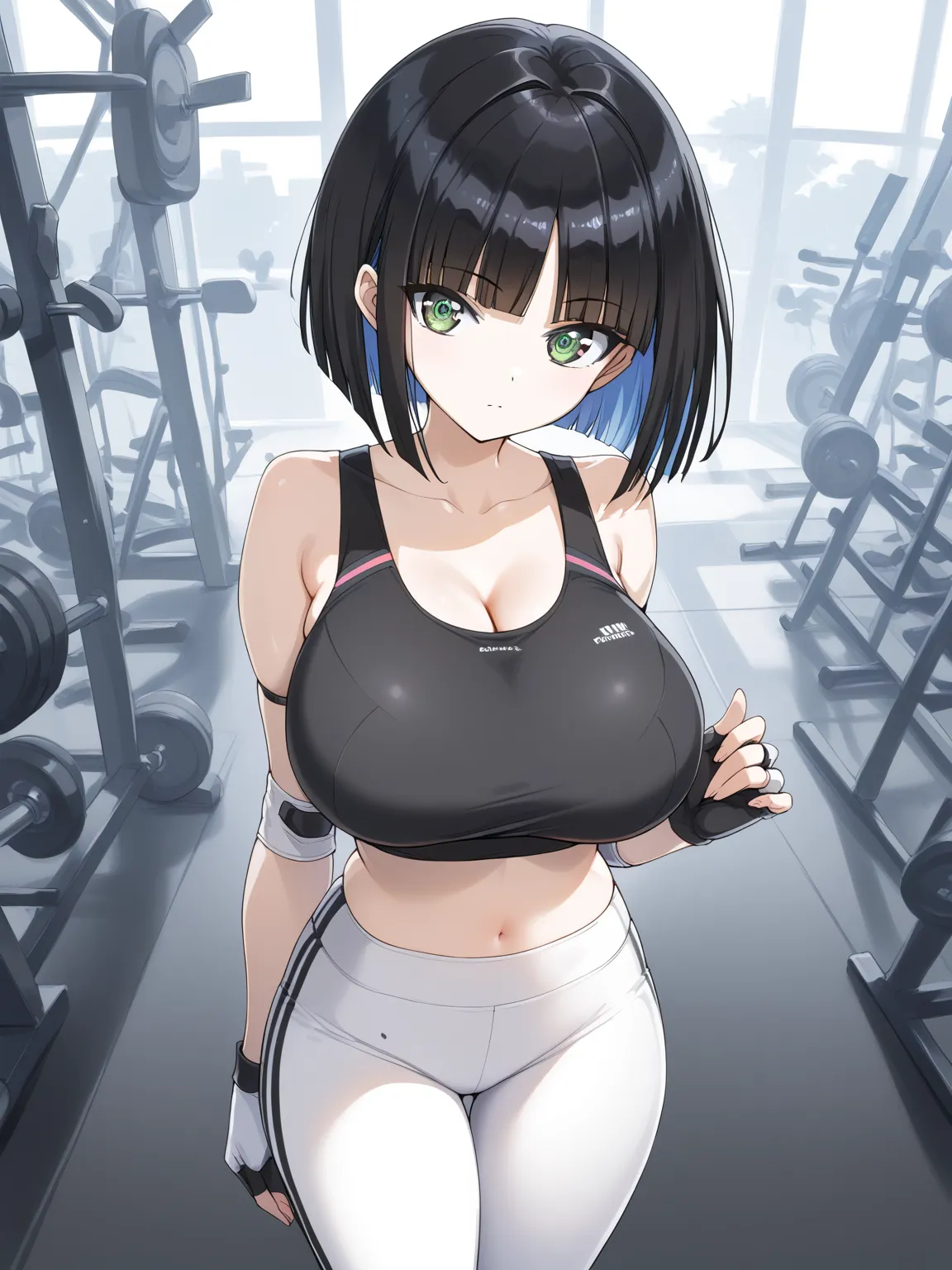 score_9, score_8_up, score_7_up, source_anime, rating_safe,
1girl, solo, eines, crosshair pupils, black hair, short hair, bob cut, blunt bangs, colored inner hair, parted bangs, large breasts, 
sports bra, sportswear, tight clothes, black sports bra, 
bare...