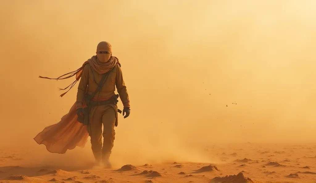 A lone traveler struggling against a powerful sandstorm in the vast, desolate desert, covering their face with cloth."