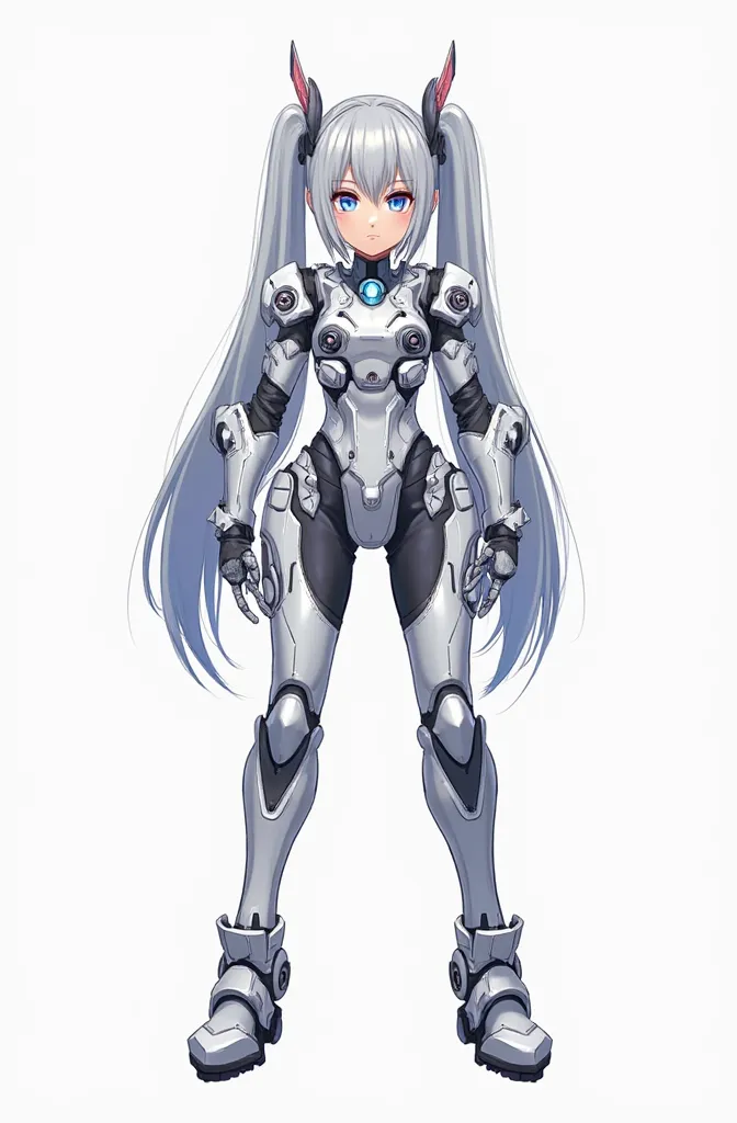 full body character design, anime style, clean line art, standing pose, front view, symmetrical, no background, cel shading, young female character, long silver hair, twin tails, blue eyes, futuristic armored suit, mechanical details, vivid colors, sharp l...