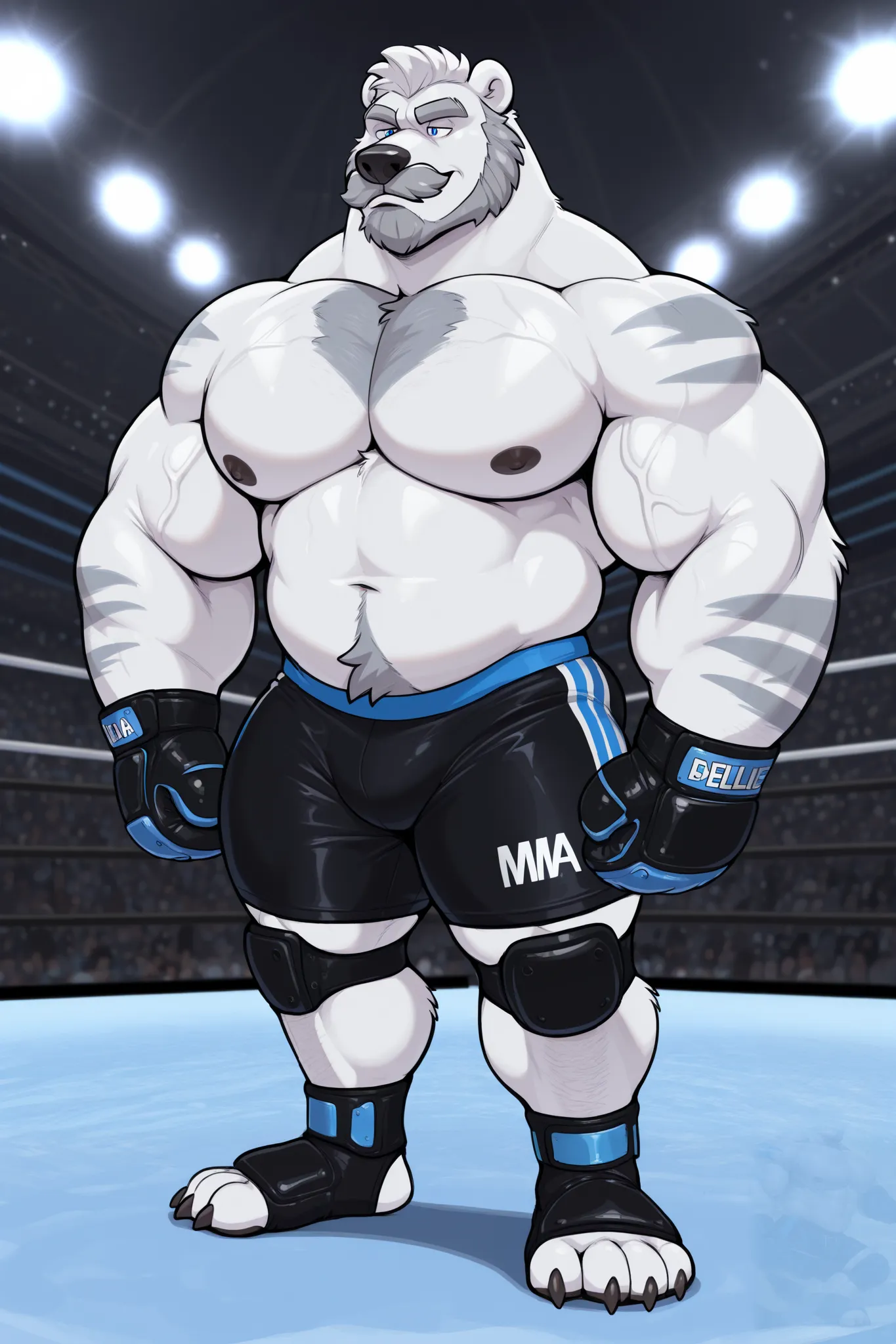 huge bulked up muscular polar bear in MMA fighting tournament arena, prideful victory, big bulked up body, polar bear, huge white fur, thick arm, huge arm, added gray mustache, added gray beard, short white hair, weight: 310lbs, (veiny bulked up muscular, ...