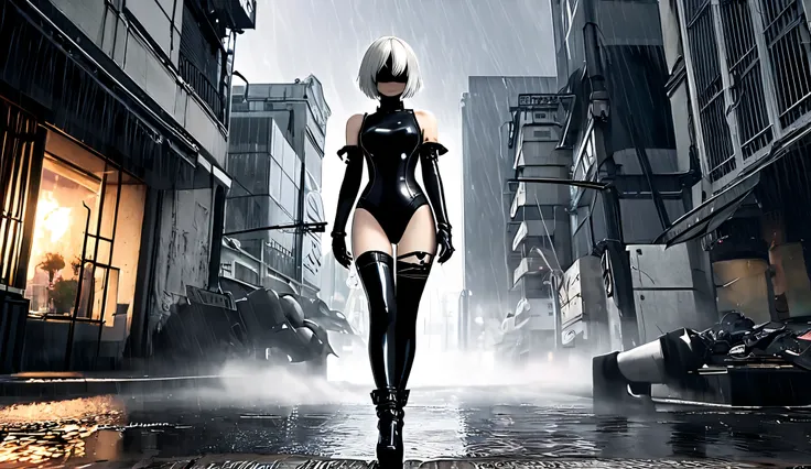 Nier Automata's 2B wearing a black and white leotard, and black latex high boots walking towards you through a city in the middle of a storm.