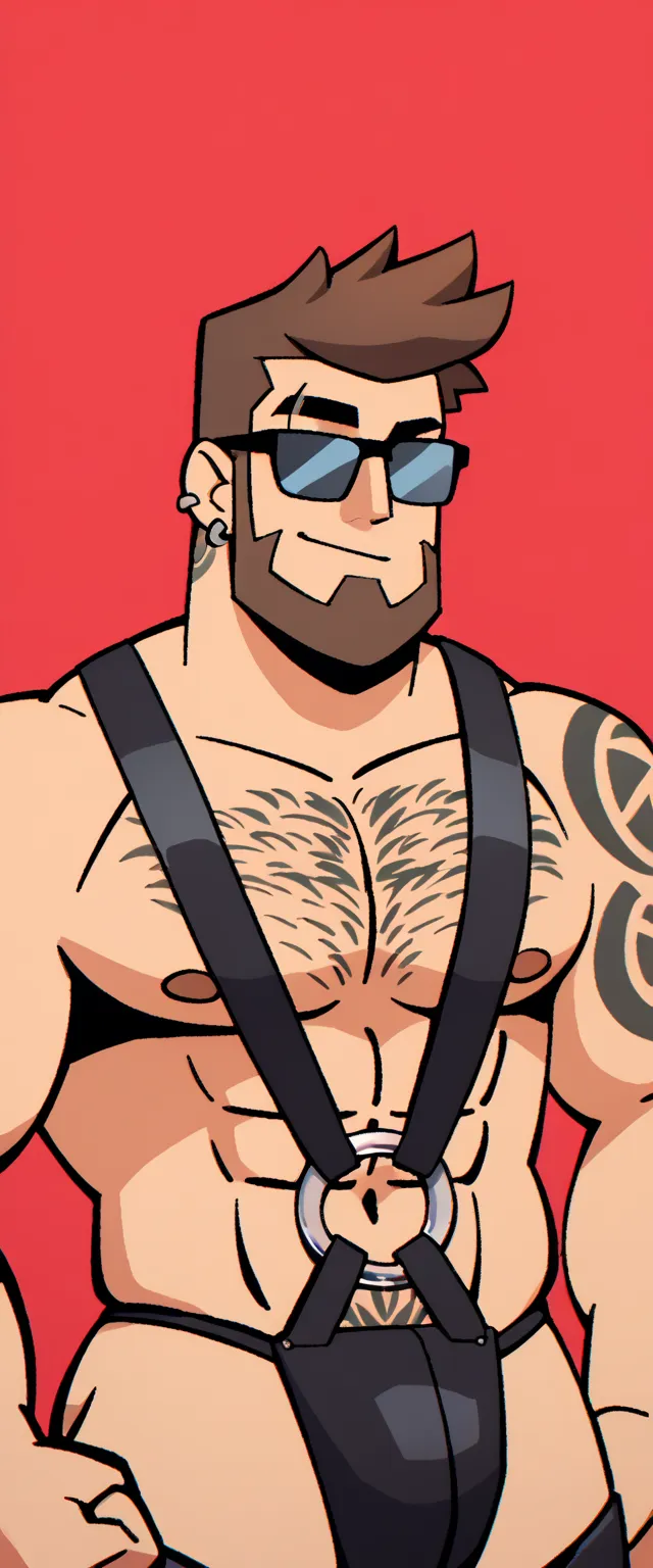 a bearded tattooed muscle cowboy posing half naked, sfw, muscular man, perfect anatomy, balanced anatomy, hairy, big chest, bdsm costume, Cowboy hat, sunglasses, black harness, leather thin thong, big crotch, handsome, lewd expression, muscular, short hair...