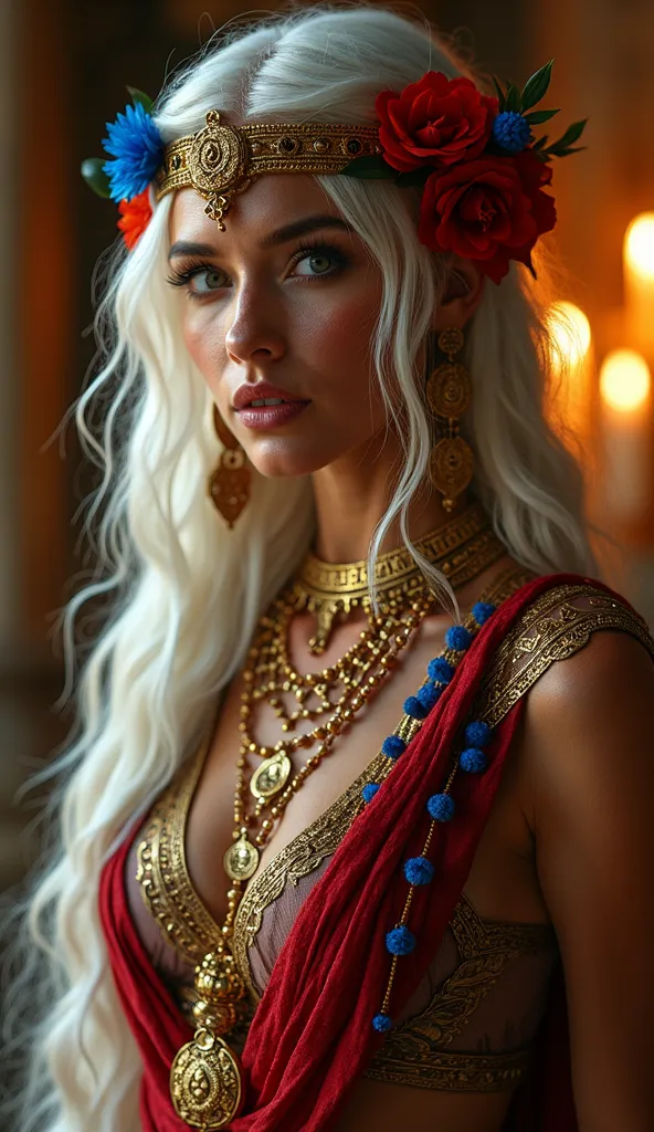 "((Mesopotamian woman, Lisa)), an embodiment of rare beauty, exhaustion, and power, stands in a lavish, candlelit space. Her long, flowing white hair, adorned with vibrant flowers and golden accessories, cascades around her shoulders, adding to her divine ...