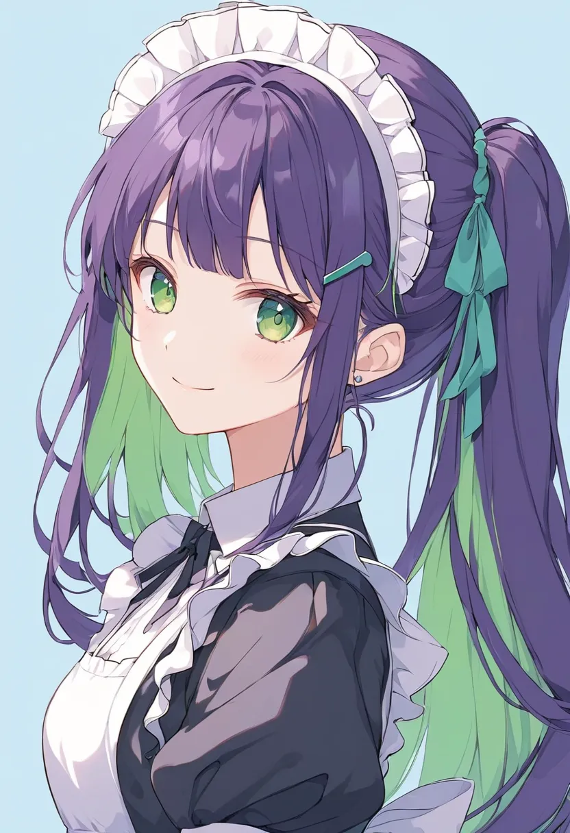 Solo ,Maid,  long hair, purple hair,Green inside hair, green eyes, , anime style , Gentle, cute, A thin smile