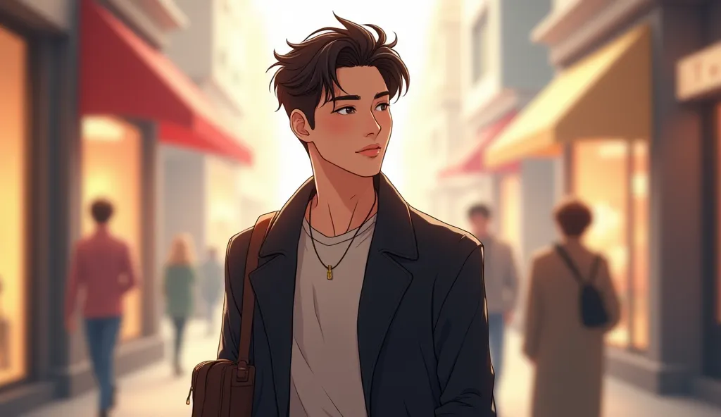 An anime-style illustration of a handsome young man with the sharp features and flawless skin of a Korean idol. He has trendy, well-styled hair and a confident yet relaxed expression. He is walking gracefully, his posture elegant and effortless. His outfit...