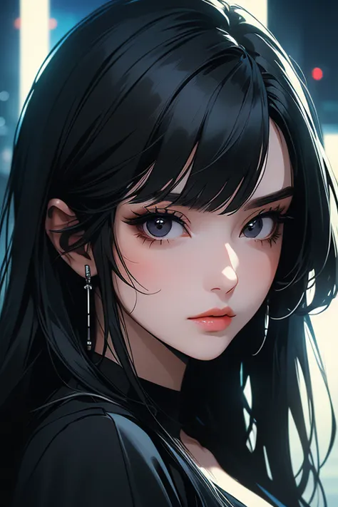 a beautiful adult woman, age group 30 years ,           black eyes with long hair with bangs,       open in front      ,  black eyes matching short black dress shirt , tactical style  ,   in a nighttime setting     , with neon gloves cyberpunk, ,looking at...