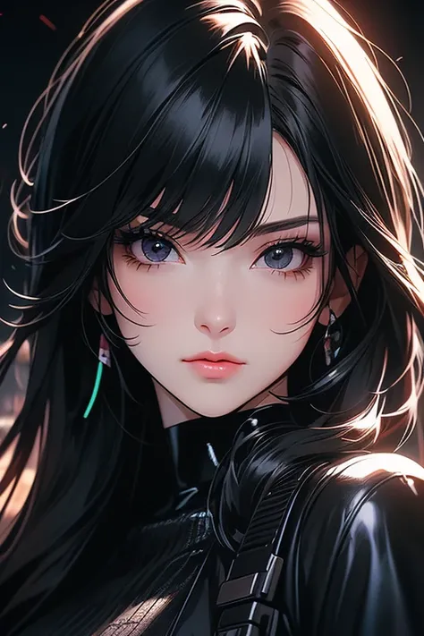 a beautiful adult woman, age group 30 years ,           black eyes with long hair with bangs,       open in front      ,  black eyes matching short black dress shirt , tactical style  ,   in a nighttime setting     , with neon gloves cyberpunk, ,looking at...