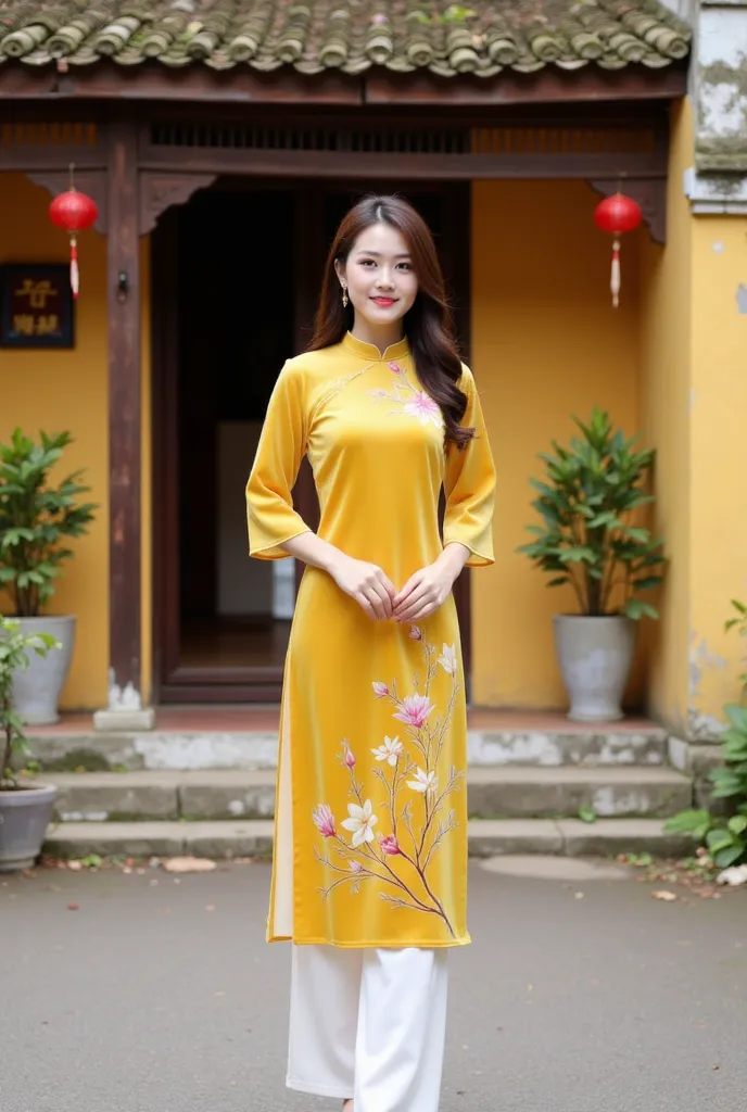 This image depicts a woman wearing a traditional Vietnamese ao dai. The ao dai is bright yellow with delicate floral and branch motifs, paired with white pants. She stands in front of a traditional house with a yellow background, an old tiled roof, and sur...