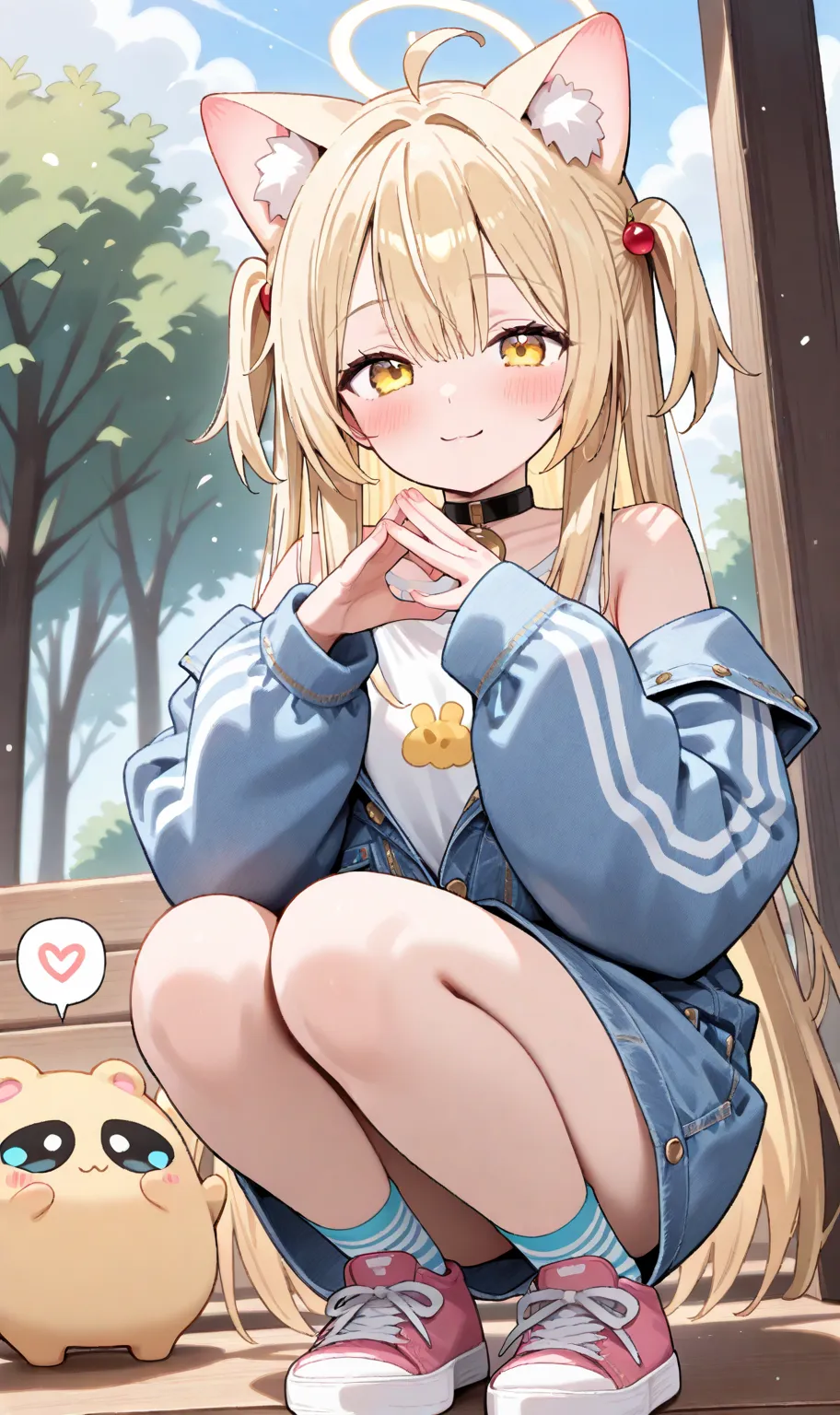 ((masterpiece, best quality)),Hololive、 1 girl 、 girl、Petite、 small tits、is young、cute、 cute、light yellow hair, long hair, half twin、yellow eyes、Yellow cat ears、t-shirt、sleeveless denim jumpsuit、Lala skirt that goes up to the knee、white big coat、smile、long...