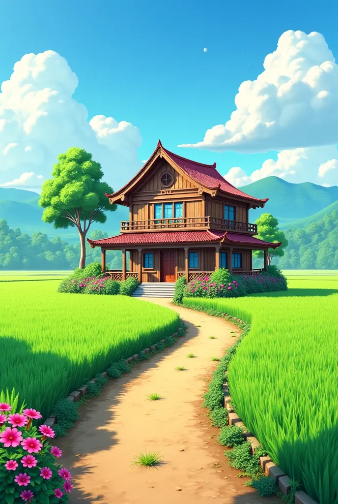 Beautiful house in the middle of a green rice field. There is a flower garden next to the house. There is a road leading to the front of the house.