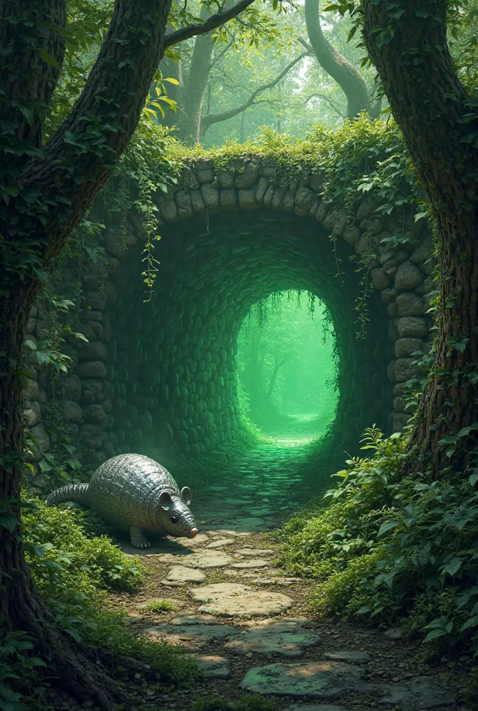 Emerald green tunnel in the middle of shady forest in a ruin with a silver armadillo coming out of it 