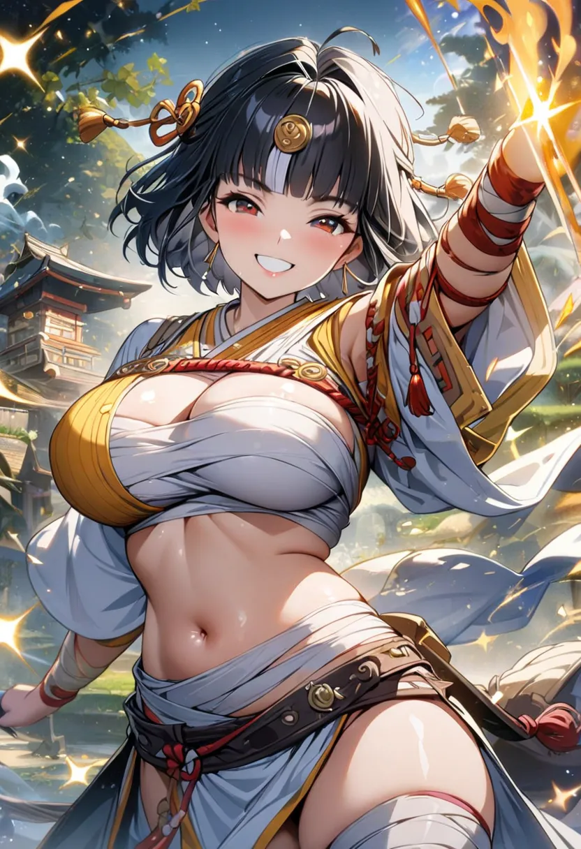 ((1 woman, Kintaro from the fairy tale, smiling, black hair, short hair, wearing Kintaro belly wrap, large breasts)), masterpiece, top quality, highly detailed, detailed 4k artwork, shiny, sparkling, white glitter and sparkles, magic particles