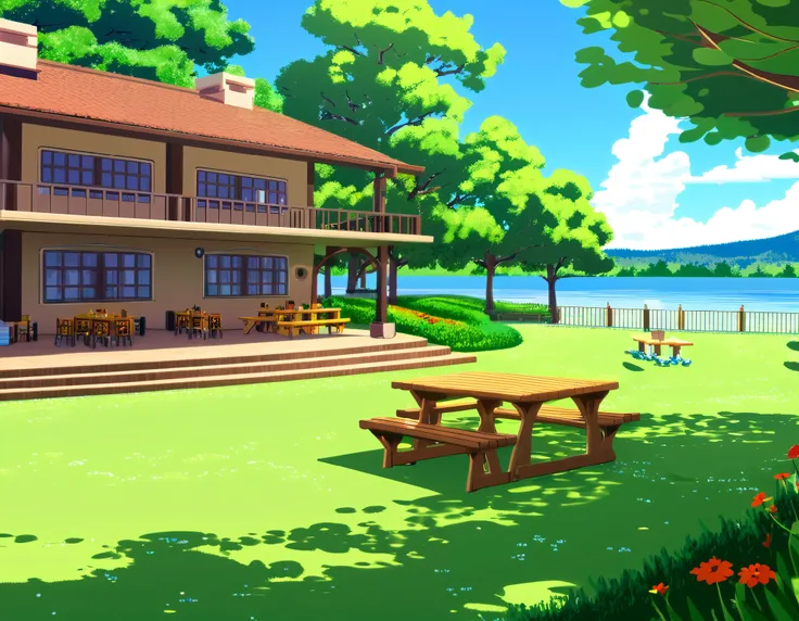 Uma grande mansion de férias no meio da floresta, ela contem campo e Lake ao lado, plus an outdoor dining room. Holiday camp de verão,  well lit, cozy and beautiful. Virtual anime cartoon style. Image from the front of the cabin/mansion. (Holiday camp) ( P...