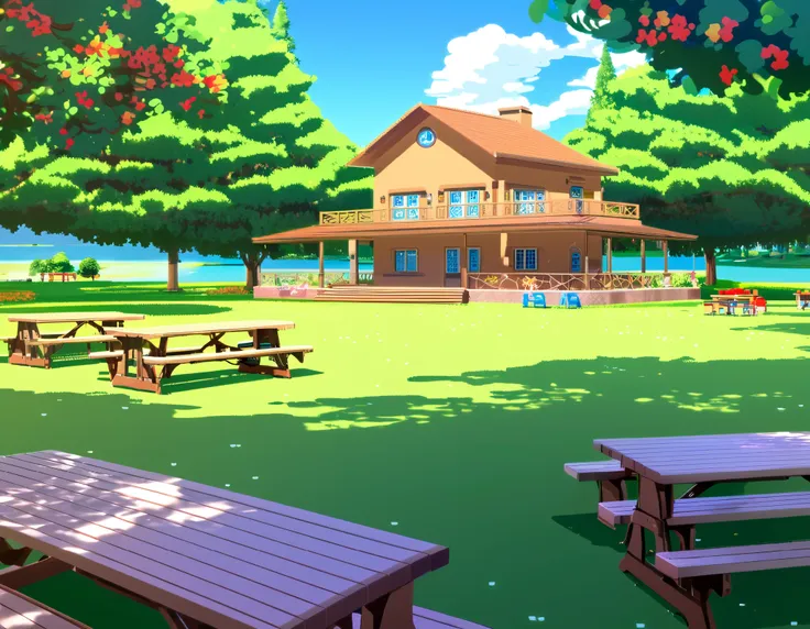 Uma grande mansion de férias no meio da floresta, ela contem campo e Lake ao lado, plus an outdoor dining room. Holiday camp de verão,  well lit, cozy and beautiful. Virtual anime cartoon style. Image from the front of the cabin/mansion. (Holiday camp) ( P...