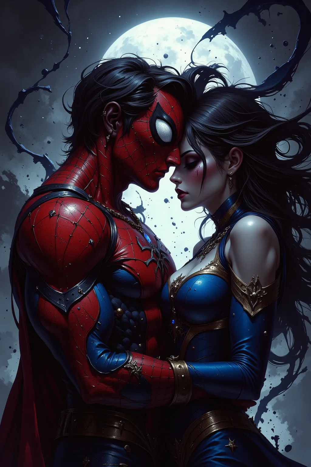 ((full body view)) full body image, (best quality,4k,8k,high res, masterpiece:1.2),ultra-detailed,realistic:1.37,gritty, ghotic art,colorful, Wide open shot, image view, A romantic moment between a (couple), ((Spiderman)) and ((Supergirl)) swirling webs ha...