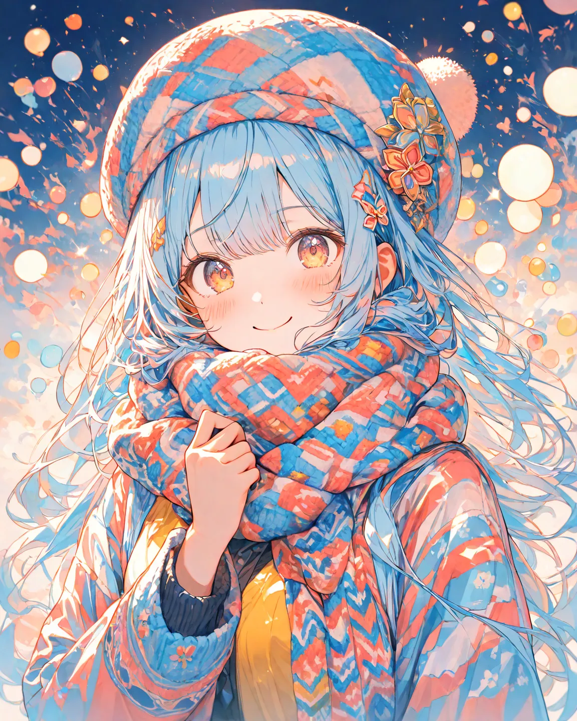 masterpiece,top quality,Super Detail,8k,watercolor light blue hair coat scarf knitted hat cute smile colorful