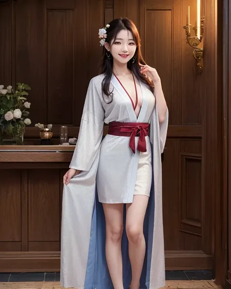 (best quality:1.2), (masterpiece:1.2), (8K:1.2), (intricate details:1.2), (cinematic light:1.2), (photorealistic:1.2), (raw, highres:1.2),A stunning cute korean young woman watching front camera, wearing sexy kimono, big boob, full body, smile, standing