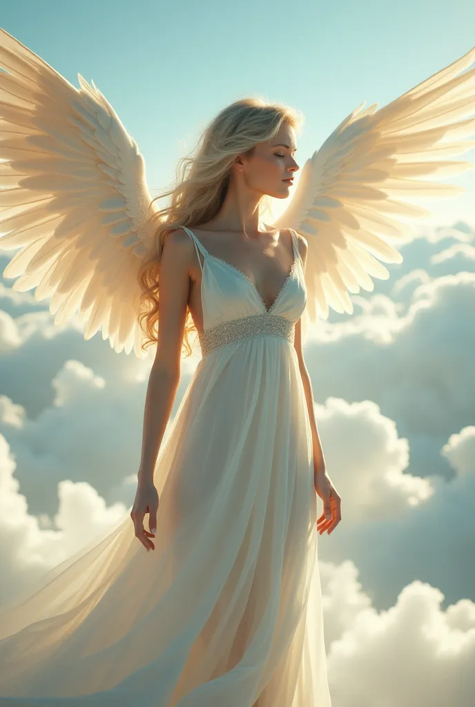 design She is a girl with an angelic appearance, With big wings, a white dress with a, a beautiful heavenly look and a divine aura.