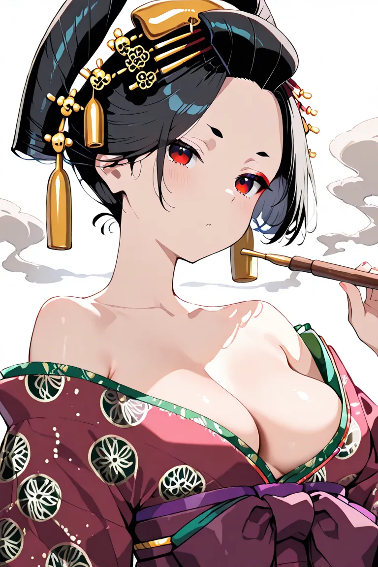 white background, masterpiece, top quality, one Oiran, solo, black hair, smoke a pipe