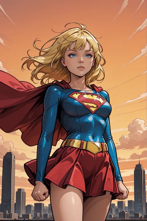 masterpiece, best quality, amazing quality, newest, very aesthetic, 1girl, supergirl, yellow hair, blue eyes, red skirt, gold belt, clenched hands, floating hair, wind, skyscraper, cloudly sky, dawn, orange sky, city background, sunshine, sunbeam, highres,...