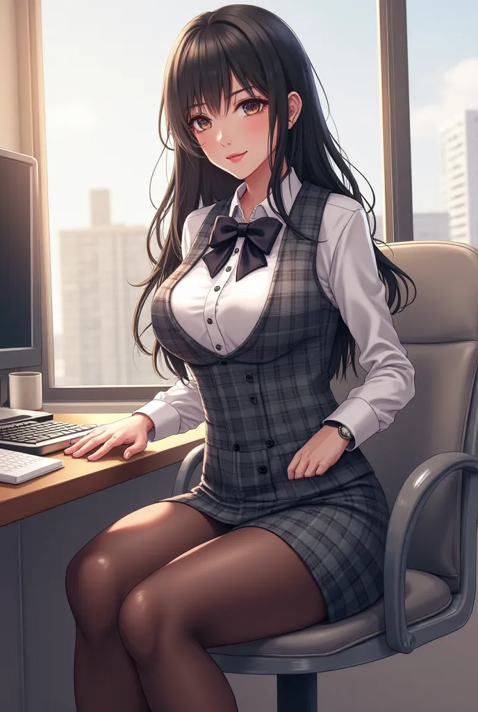 female 1 person, company employee, Reception, (white and gray plaid vest:1.2) (Navy Pencil Skirt) bow tie, mature woman, /( black hair/) bungs, gentle blushing smile , (Top Quality Masterpiece:1.2) delicate illustration, very detailed, Big Blake ( Modern O...