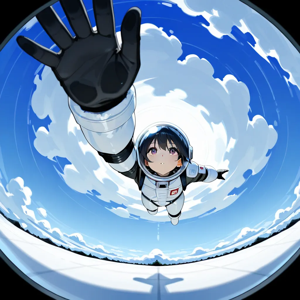 Wide viewing angle，Top view：1.5, - looks up - reaches out，Beautiful anime astronaut who can't see the blizzard ahead ， alone，has white clouds under her feet，Fisheye Perspective, Top view, Glass ball perspective，Convex lens imaging rules，  Christmas