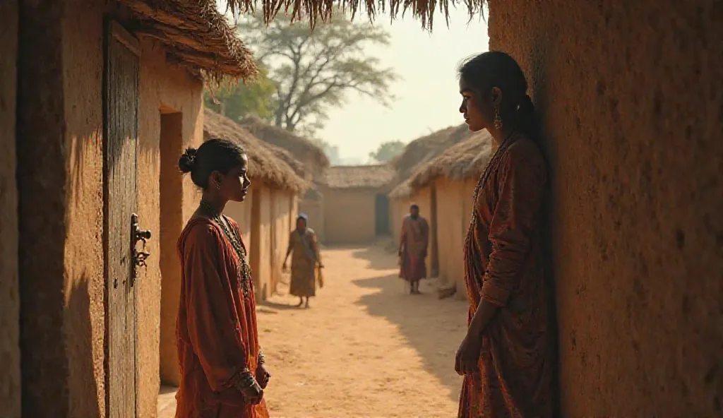 "A rustic mud house in the heart of a quiet village, surrounded by earthy tones and simplicity. The house has a thatched roof, earthen walls, and a wooden door slightly ajar. A 25-year-old girl, dressed in a traditional, modest yet elegant outfit, stands a...