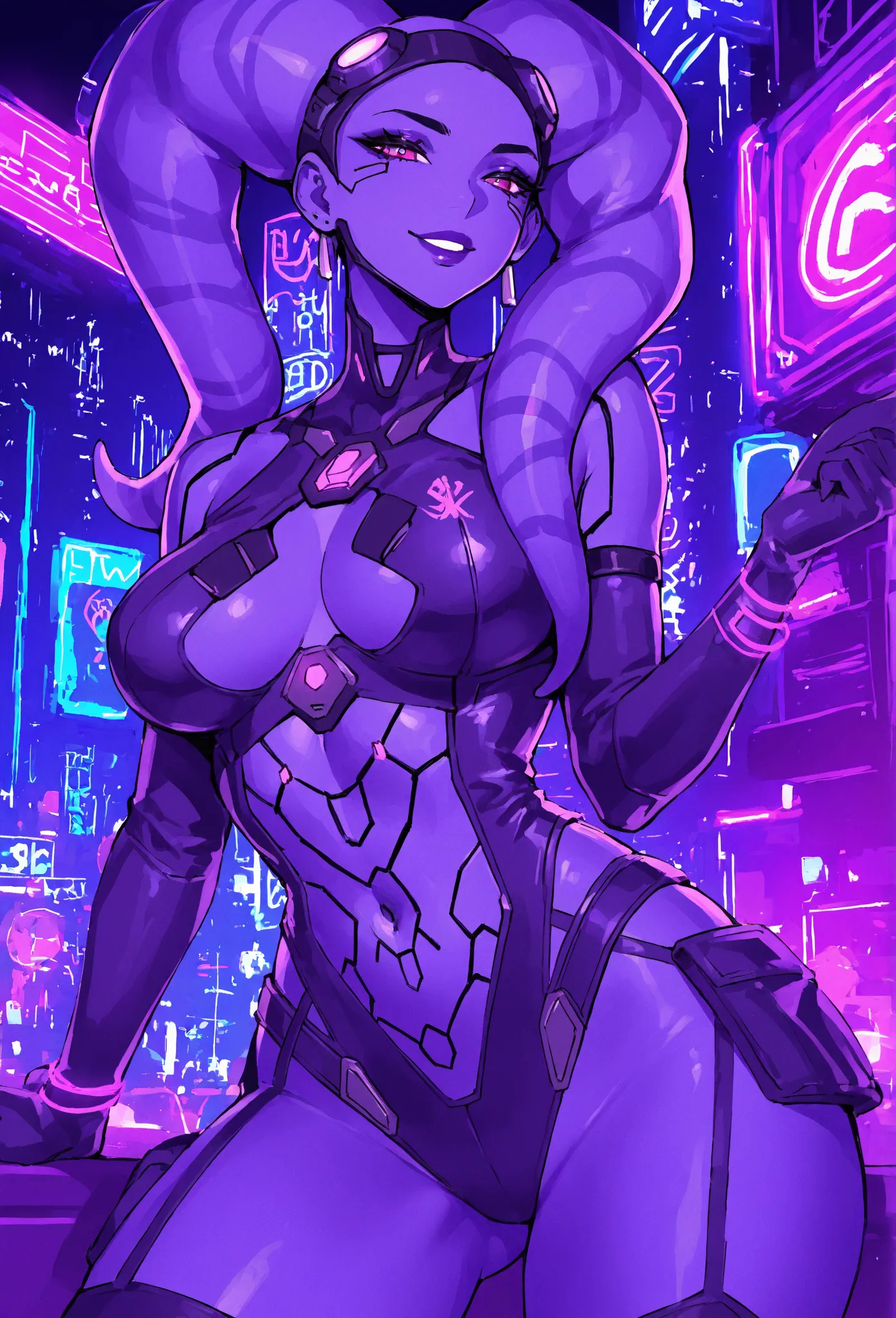 Twi'lek woman purple skin cyberpunk clothes in nightclub