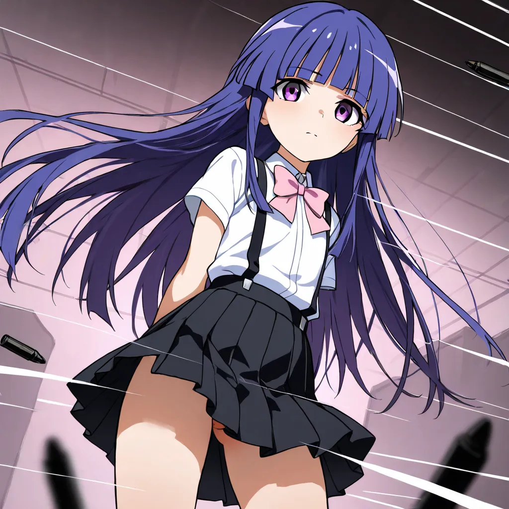 score_9, score_8_ up   , score_7_ up   BREAK source_anime, rating_ explicit, best quality , Masterpiece, No posts BREAK 
 1girl , Alone, 
rika furude, long hair, bangs, blue hair, purple eyes, blunt bangs, purple hair,
skirt, shirt, bow, school uniform, wh...