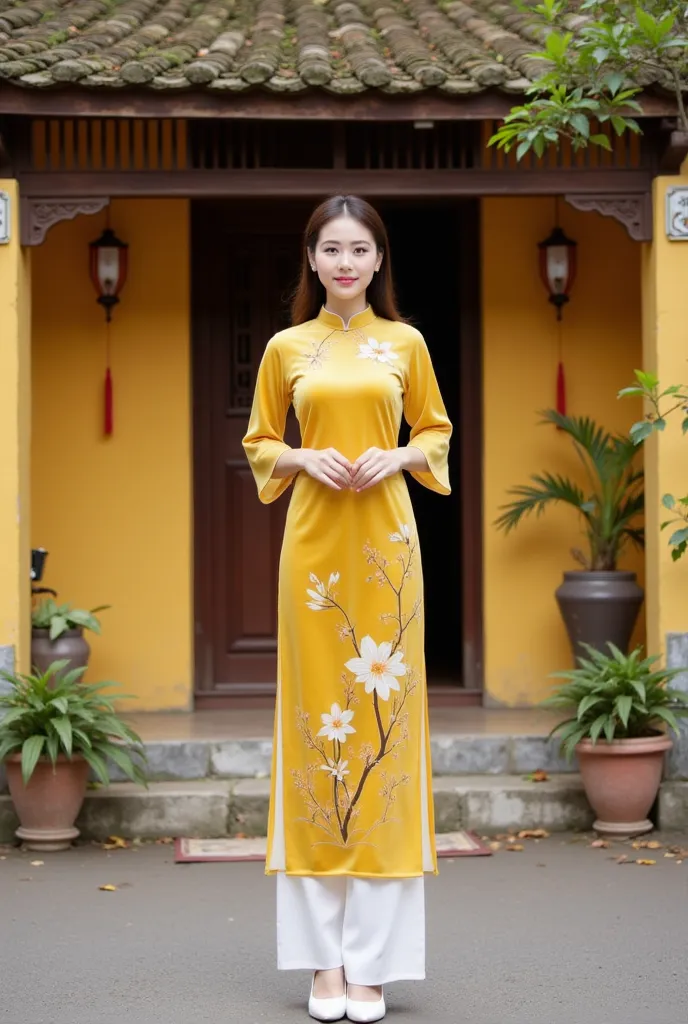 This image depicts a woman wearing a traditional Vietnamese ao dai. The ao dai is bright yellow with delicate floral and branch motifs, paired with white pants. She stands in front of a traditional house with a yellow background, an old tiled roof, and sur...