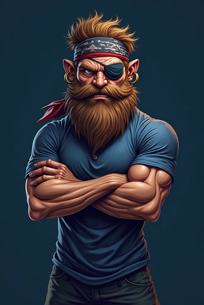 mascote soccer,  mean face ,Muscular, arms crossed, pirate hat, Long beard Pirate's Eye Slap,  hoop earring, navy blue shirt, half body,  Eye Slap, Navy shirt,  headscarf 