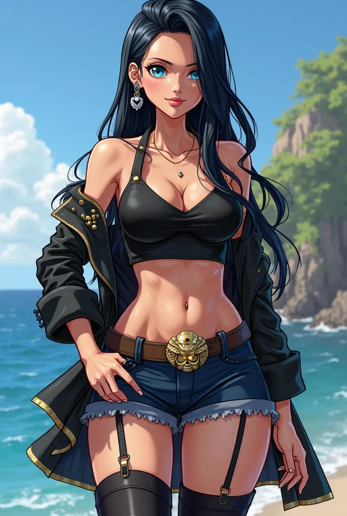 Their appearance is jet-black eyes, sleek, It&#39;s long,  she is up to her waist , Sometimes it gets ruffled by the sea breeze, , which gives her a more carefree and charming look. His Eyes Are Expressive Blue, with a deep tone like the ocean. shine brigh...