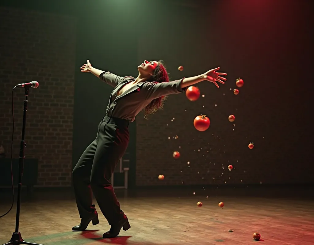 a female comedian, on a stage, standing and leaning back at an extreme angle, leaning back parallel to the floor, arms stretched out, side view, dodging a tomato thrown in her direction, a tomato flying through the air, bullet-time effect, matrix-style, sh...