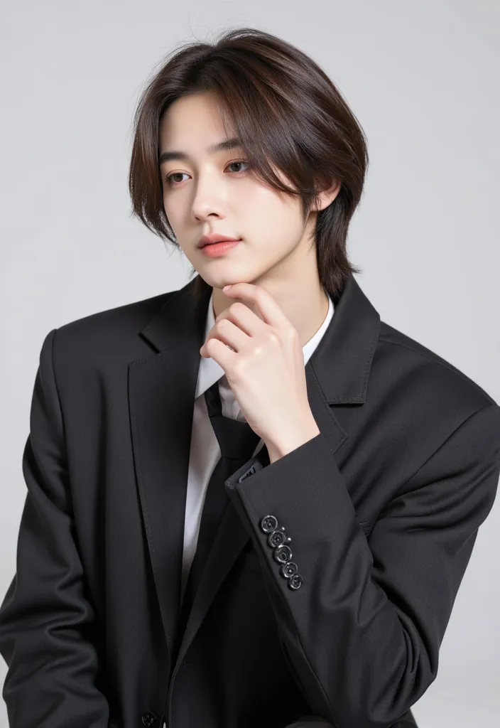  male, (前髪が目にかかっている male),  male,  male,  male, suit,  shirt, tie,  denim , twist perm hair, angle from above, (I'm squinting and looking down), 美しい male,  Hair, smile,