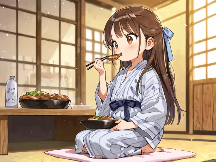 (Top Quality), (Very Aesthetic), (Super Detailed), (Best Illustration), Loli, Solo Female, female , Girl, half updo, Blue Ribbon, Long Hair, Straight Hair, Sideburns, Center Parting, Brown Hair, Brown Eyes, (flat breast), bath yukata, seiza, full body, pre...