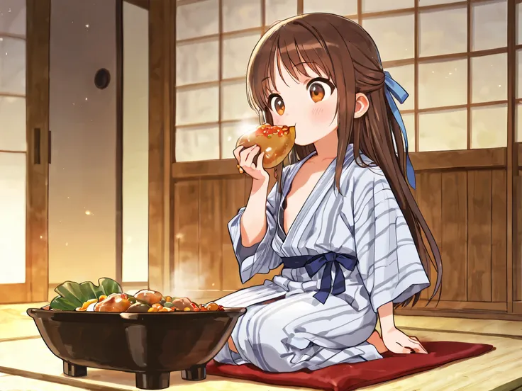 (Top Quality), (Very Aesthetic), (Super Detailed), (Best Illustration), Loli, Solo Female, female , Girl, half updo, Blue Ribbon, Long Hair, Straight Hair, Sideburns, Center Parting, Brown Hair, Brown Eyes, (flat breast), bath yukata, seiza, full body, pre...