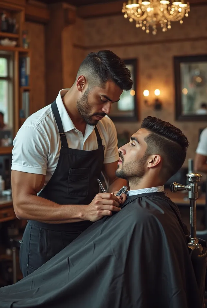 the scene should capture fine details like the barber tools in his hand the expression on both Ronaldo and the customer faces, and the cozy ambience of the barbershop with mirrors chairs and decorinthe background